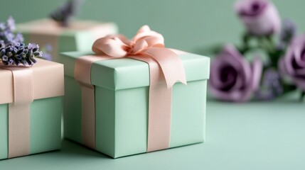 Wall Mural - Soft pastel Valentine’s gift boxes wrapped in light pink and mint green paper, with delicate ribbons and lavender roses decorating the scene 