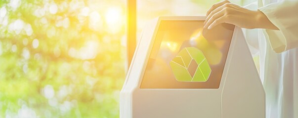 A person using a recycling station, promoting eco-friendly practices in a bright, green environment filled with sunlight.