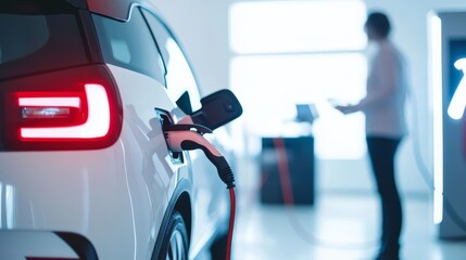 A modern electric vehicle charging at a station, showcasing sustainable transportation and innovative technology.