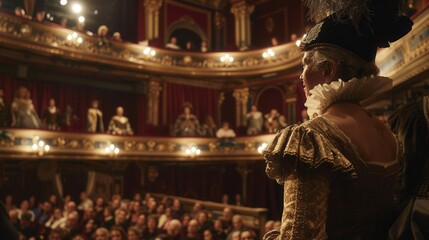Aufkleber - Actors in elaborate costumes perform on stage, engaging a captivated audience in a historic theater filled with excitement and emotion. Generative AI