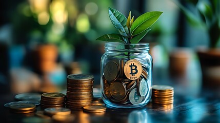 A glass jar filled with gold coins and a growing plant, representing financial growth and prosperity.