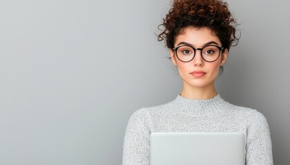 Young Woman with Glasses Holding Laptop Portrait Technology Business Professional