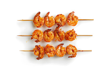 top view delicious grilled shrimp skewers isolated on a white background