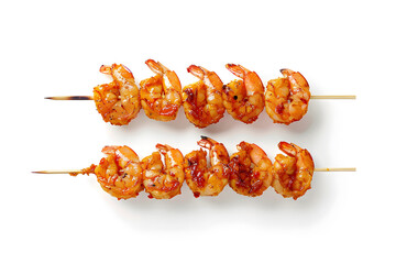 Top view Delicious grilled shrimp skewers isolated on a white background
