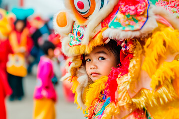 Child in vibrant lion dance costume during Lunar New Year celebration