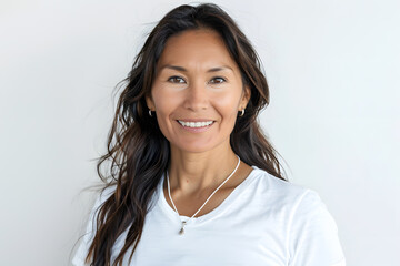 Portrait of native American smiling woman wearing white t-shirt isolated on white background