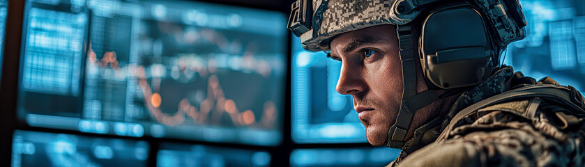 A man in a military uniform is looking at a computer screen with a lot of number