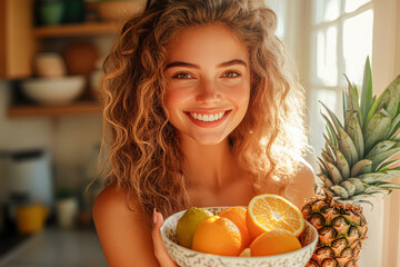 Canvas Print - A woman is holding a bowl of fruit, including oranges and pineapple