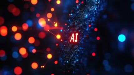 AI word in electronic stream of data and colorful light spread copyspace banner background