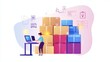 © Aris Suwanmalee - A woman working on a laptop amidst stacks of colorful boxes, symbolizing logistics and e-commerce operations.
