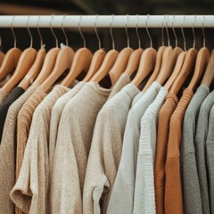 A collection of neatly hung clothing items in various neutral colors.