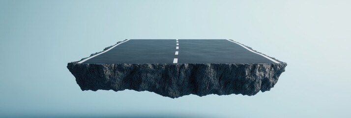 Surreal Floating Island with Asphalt Road, A Modern Concept of Isolated Journey