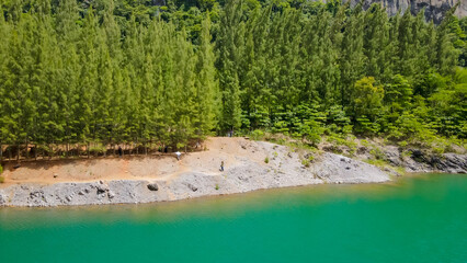 Quarry view point overlooking a large green pond Tham Thong Lang Stone Quarry is located at Ban Nai Wang, Thap Put District, Phang Nga Province.