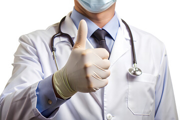 Wall Mural - Close-up Doctor Hand in white medical gloves showing thumb-up gesture isolated on a white background