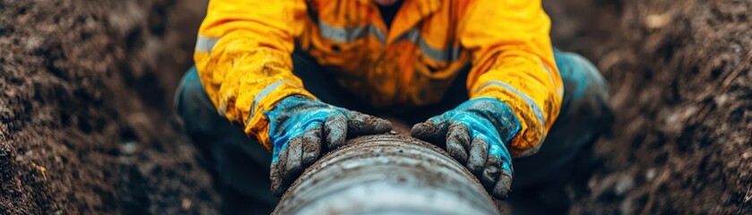 A detailed underground oil pipeline engineering repair site featuring skilled technicians using advanced tools and equipment