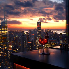 Design a panoramic view of a trendy city skyline at sunset, featuring a sleek rooftop lounge serving a mocktail with a modern twist