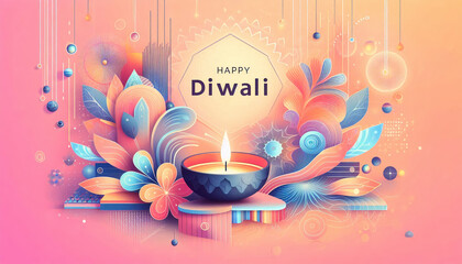 Diwali Celebration with Light and Floral Design
Description: A bright and festive Diwali celebration illustration, featuring a lit diya surrounded by colorful floral patterns and a glowing background