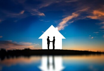 Two silhouetted figures stand in front of a white house outline against a vibrant sunset sky and a tranquil lake reflection.