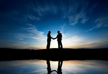 Two business men shake hands in silhouette against a dramatic sky.