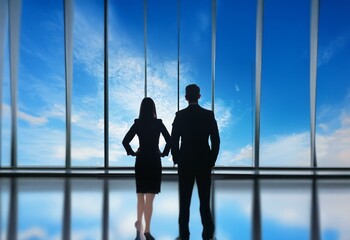 Two business professionals silhouetted against a bright blue sky, looking out a large window.