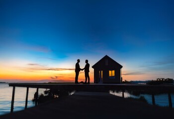 Two people shake hands in front of a house as the sun sets over a lake.