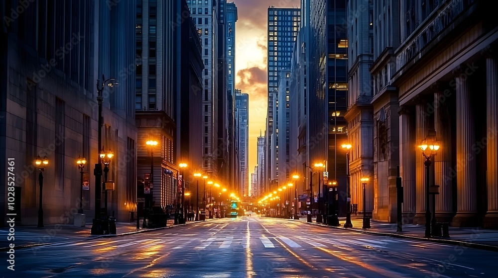 99. An empty city street at dawn, with soft light illuminating the ...