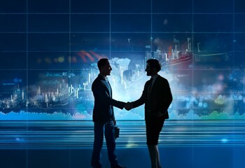 Aufkleber - Two businessmen in silhouettes shake hands in front of a glowing blue screen with financial data.