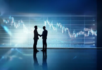 Poster - Two businessmen shaking hands in front of a screen displaying a stock market chart.