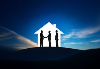 Two men shake hands in front of a white silhouette of a house against a blue sky.