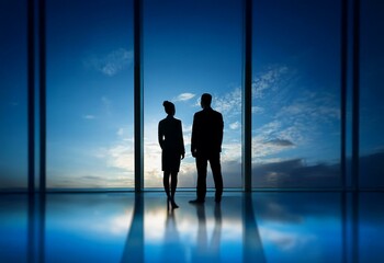 Sticker - Silhouettes of a man and woman standing before a large window overlooking a cloudy sky.