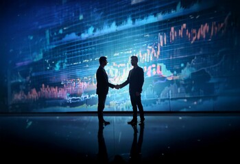 Aufkleber - Two businessmen in suits stand in front of a large screen displaying financial data. They shake hands.