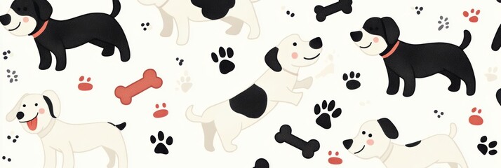 Cute dog pattern with bones and paw prints, designed in neutral tones, perfect for pet-themed products and playful decor.