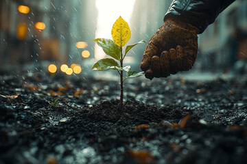 Wall Mural - A person planting a tree in an urban area, contributing to a greener and more sustainable city. Concept of environmental action.