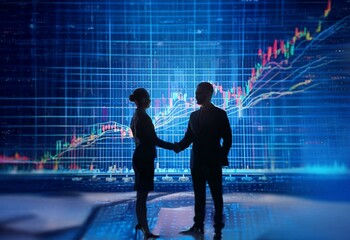 Two business people are shaking hands in front of a large screen with a stock market graph on it.