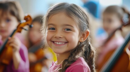 Poster - A Young Girl Smiles Brightly During a Music Lesson