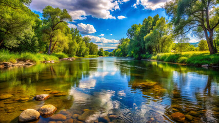 Peaceful river scene, vibrant nature, clear, clean colors, realistic photo capturing minimalist flow of water