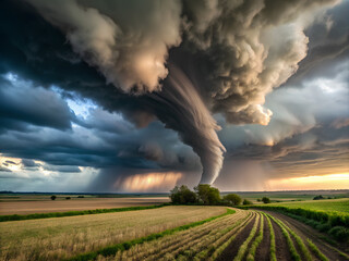 Oblique Shot of a Tornado, large tornado working its way across fields