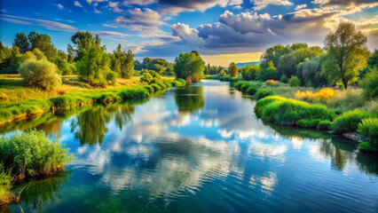 Serene river setting, meandering waterway, vibrant natural elements, clean, clear colors, and minimalistic beauty