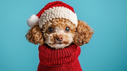 Cute and festive portrait of Poodle in Santa Claus hat. Most popular dog breed dressed in holiday attire. Veterinary clinic banner, poster, greeting card, wallpaper, background
