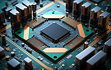 The Heart of Innovation: A close-up of a gleaming central processing unit (CPU) surrounded by intricate circuitry, highlighting the core of technological advancement.