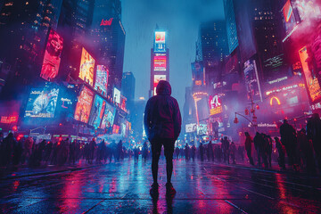 Wall Mural - pictures of street performers illuminated by city lights highlight the vibrant arts and entertainmen