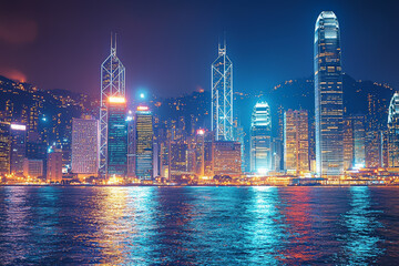 Wall Mural - Images of skyscrapers illuminated at night represent the power and dynamism of global cities. Concept of city architecture.