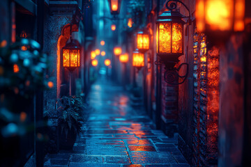 Wall Mural - images of quiet alleyways with softly glowing lights create a sense of intrigue and mystery in urban