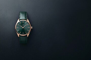 an elegant emerald and gold watch resting on a black surface, photographed in a close-up that highli