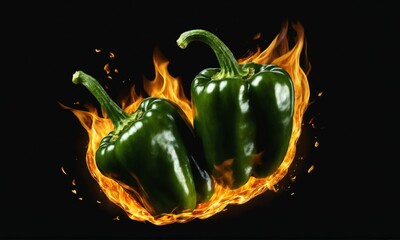 Two green bell peppers engulfed in flames against a black background