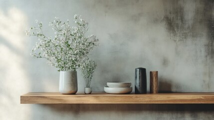 Sticker - White Flowers in Vase on Wooden Shelf Against a Concrete Wall