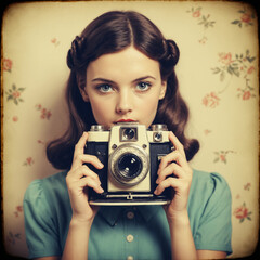 young woman, vintage camera, looking straight, vintage photography, curious theme, retro, vintage effect