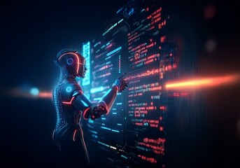Aufkleber - A futuristic robot interacts with a digital interface, surrounded by glowing lights.