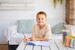 © ADDICTIVE STOCK - Young boy smiling during a study session at home
