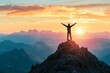 © MAX AI - Hiker standing on rocky mountain peak at sunrise with arms outstretched.